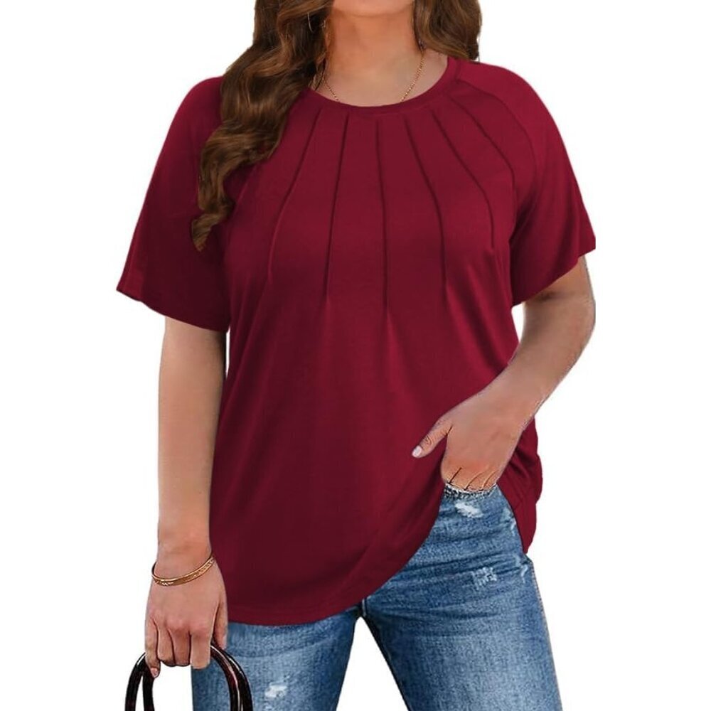 Plus Size Blouses Women Pleated Casual Short Sleeve Summer Tops